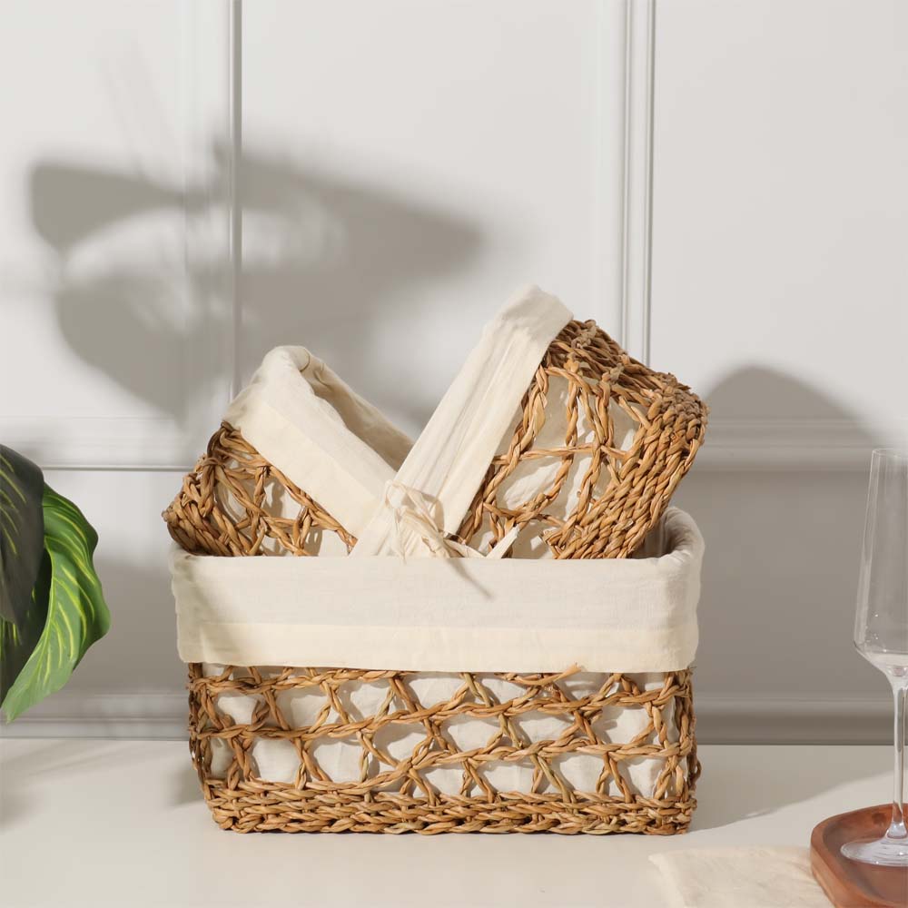 Seagrass Braided Lined Storage Baskets Tall, Set of 3 - Natural