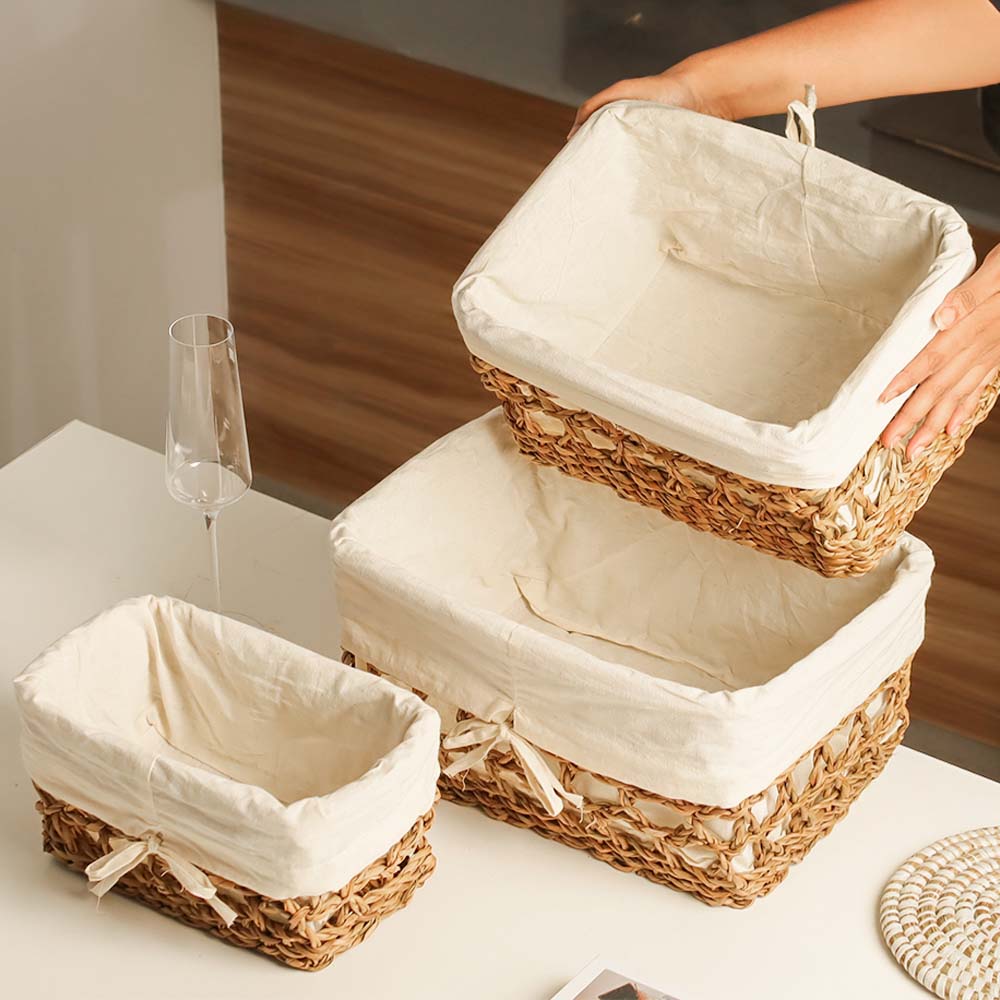 Seagrass Braided Lined Storage Baskets Tall, Set of 3 - Natural