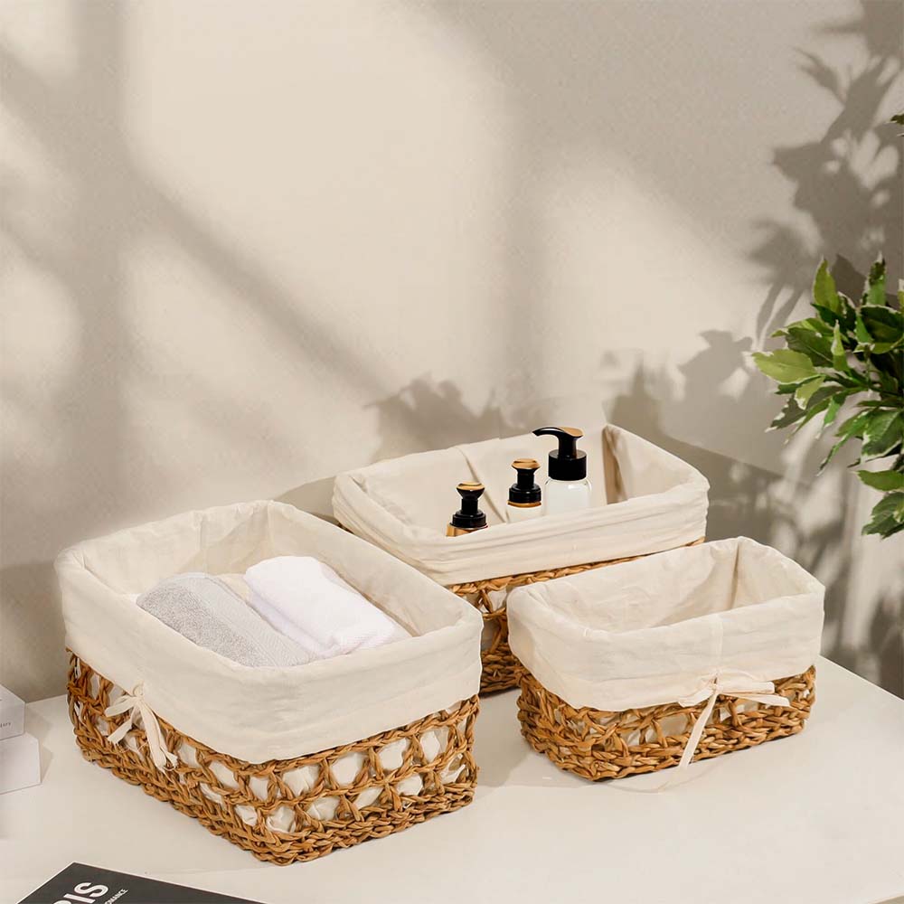 Seagrass Braided Lined Storage Baskets Tall, Set of 3 - Natural