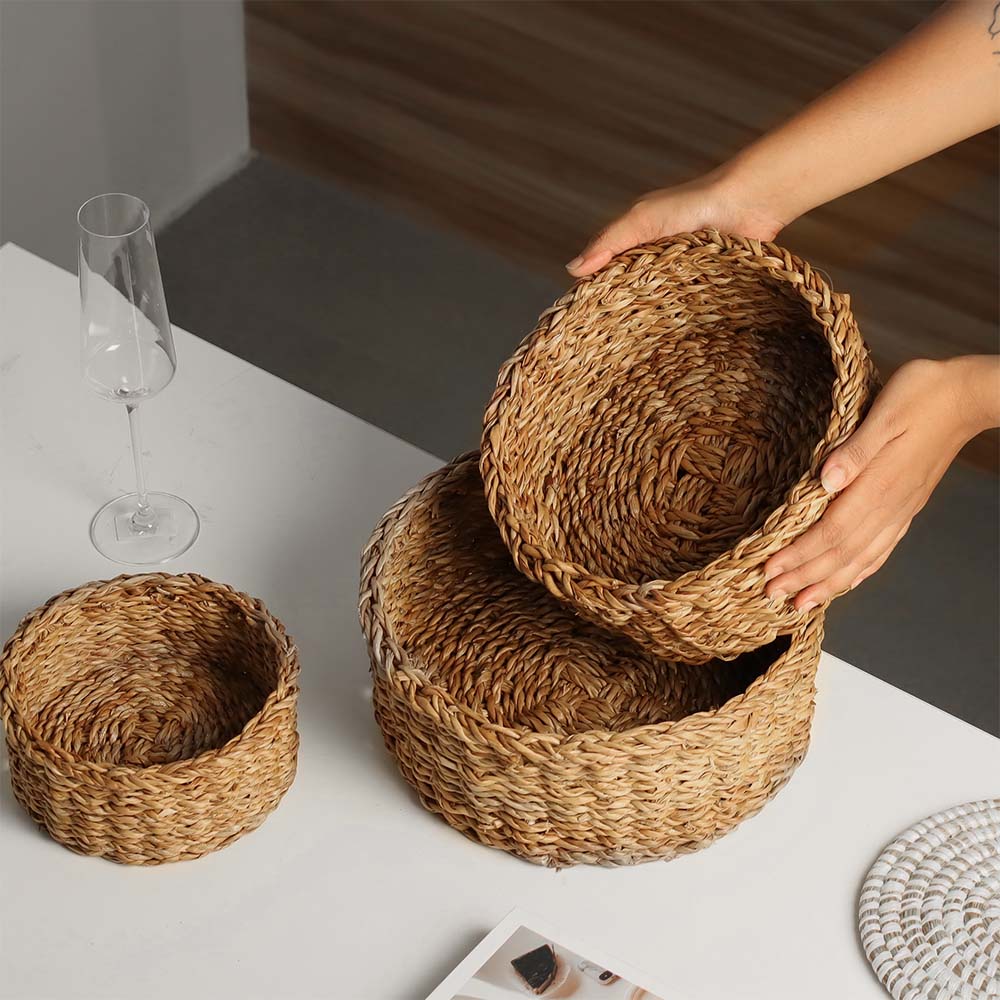 Seagrass Round Storage Baskets, Set of 3 - Natural