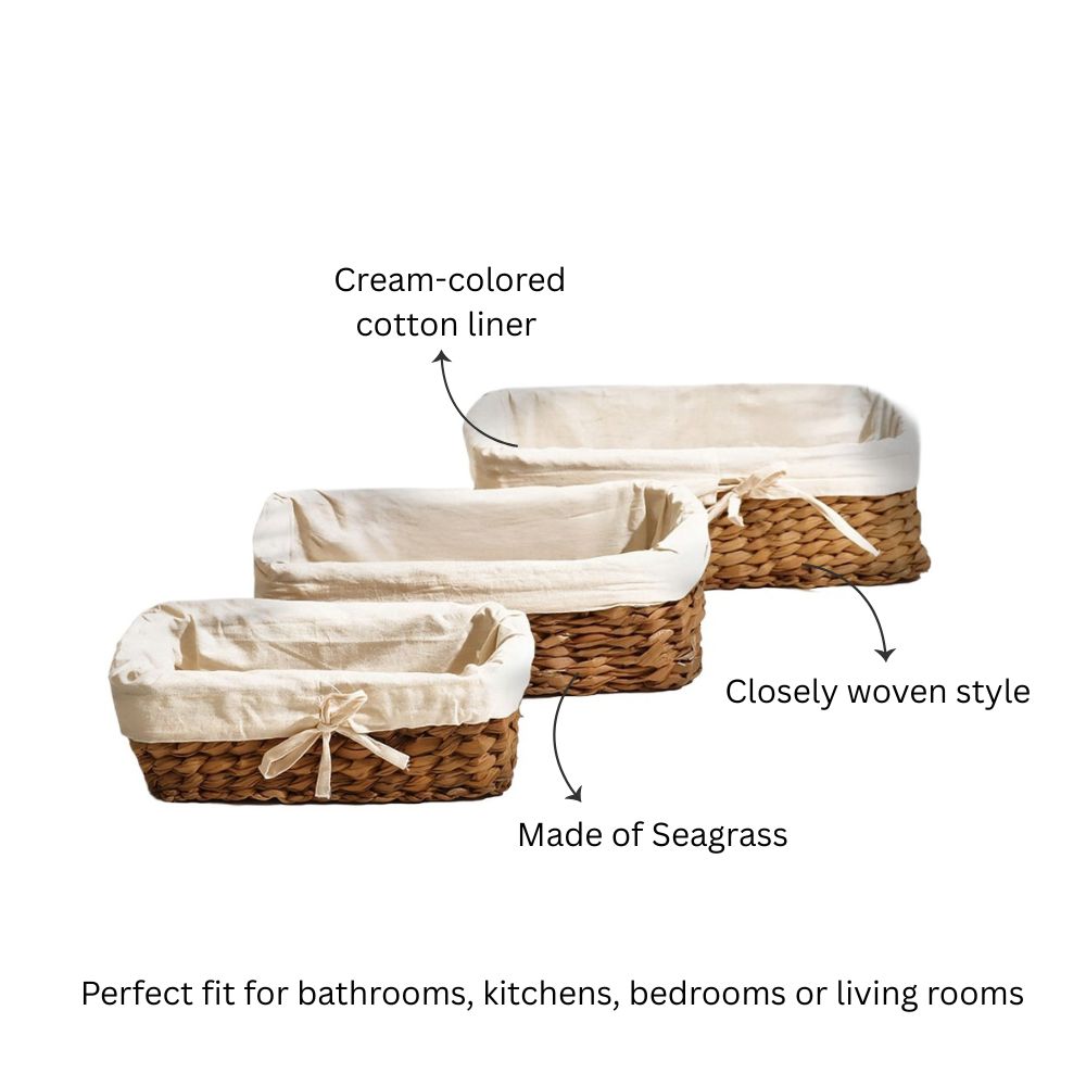 Seagrass Woven Lined Storage Baskets Short, Set of 3 - Natural