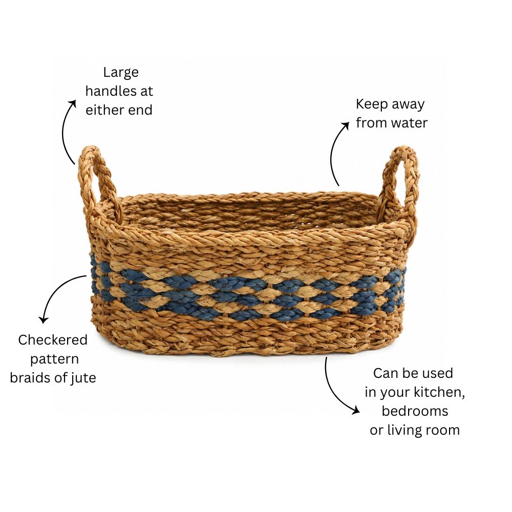Seagrass & Jute Checkered Oval Storage Basket Medium - Natural Blue