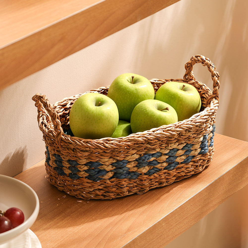 Seagrass & Jute Checkered Oval Storage Basket Small - Natural Blue