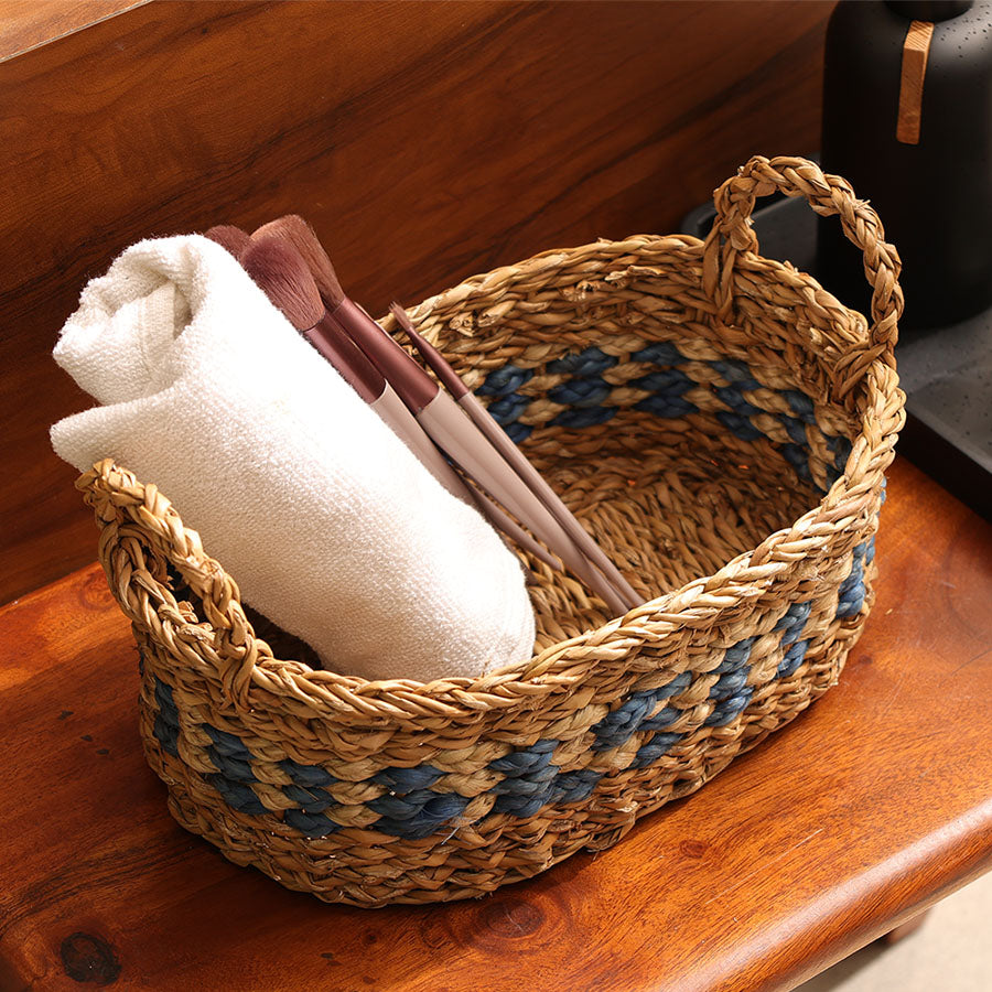 Seagrass & Jute Checkered Oval Storage Basket Small - Natural Blue