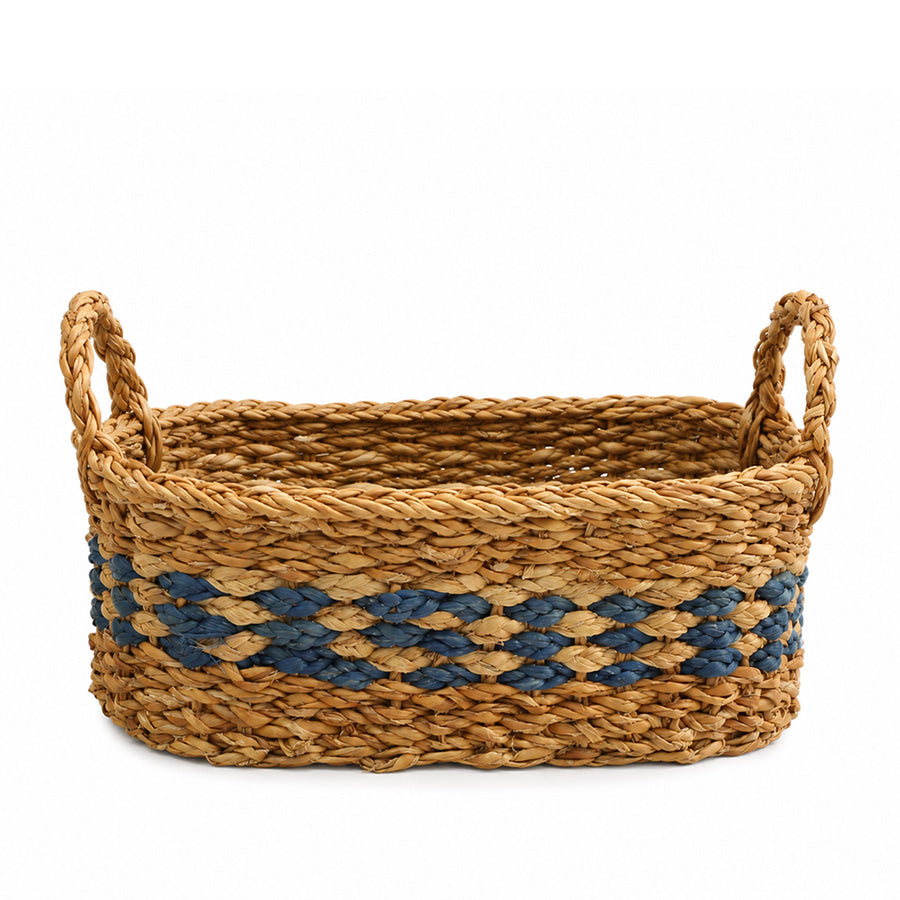 Seagrass & Jute Checkered Oval Storage Basket Small - Natural Blue