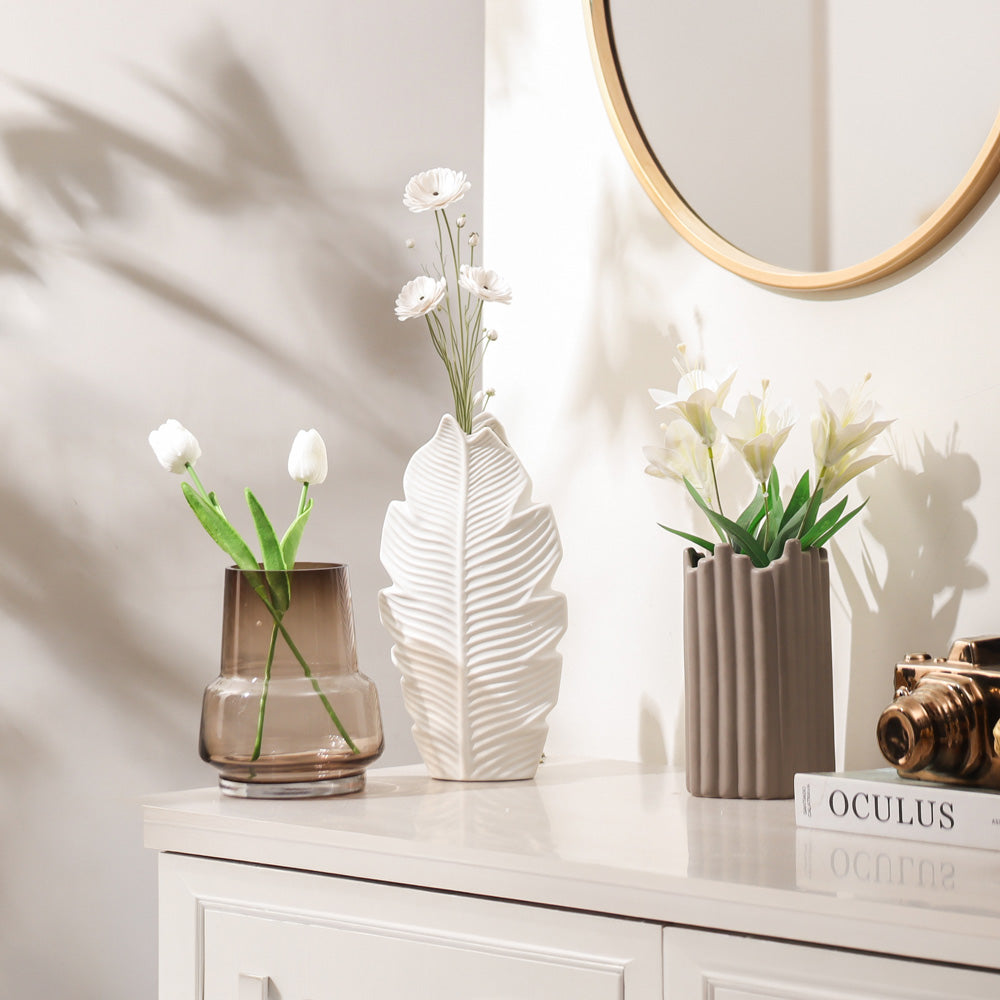Serrate Ceramic Slim Vase Large - White