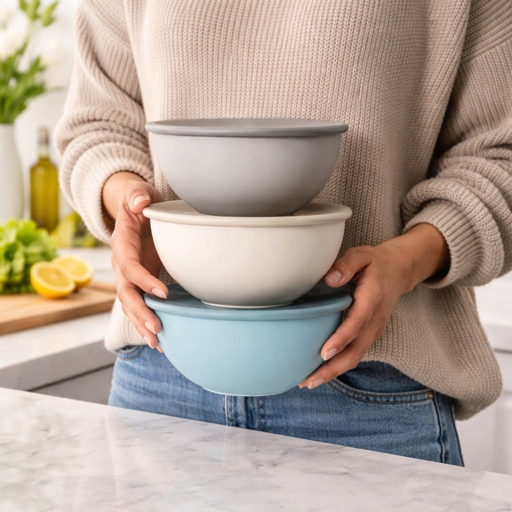 Set of 3 Containers with Lids - Grey Taupe Blue