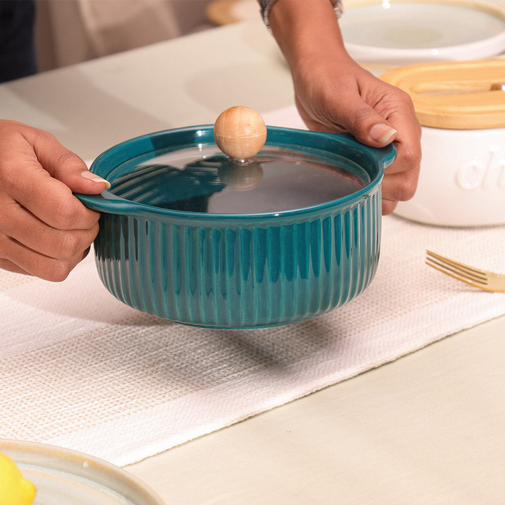 Shire Ceramic Serving Pot with Glass Lid - Dark Green