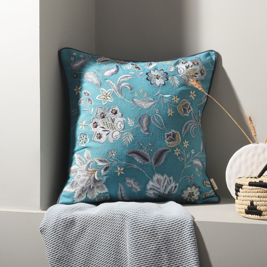 Sierra Beaded Embroidered Cushion Cover - Azure