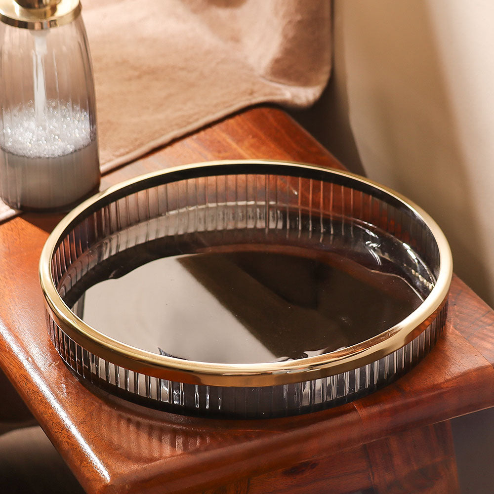 Skylar Glass Round Vanity Tray - Smoke Gold