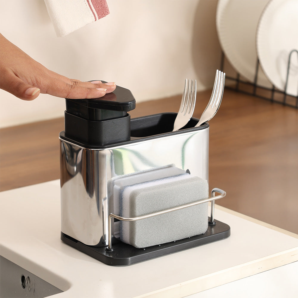 Soap Dispenser with Brush Holder and Sponge Tray - Silver Black
