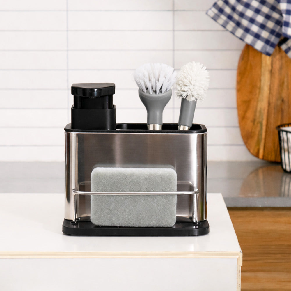 Soap Dispenser with Brush Holder and Sponge Tray - Silver Black