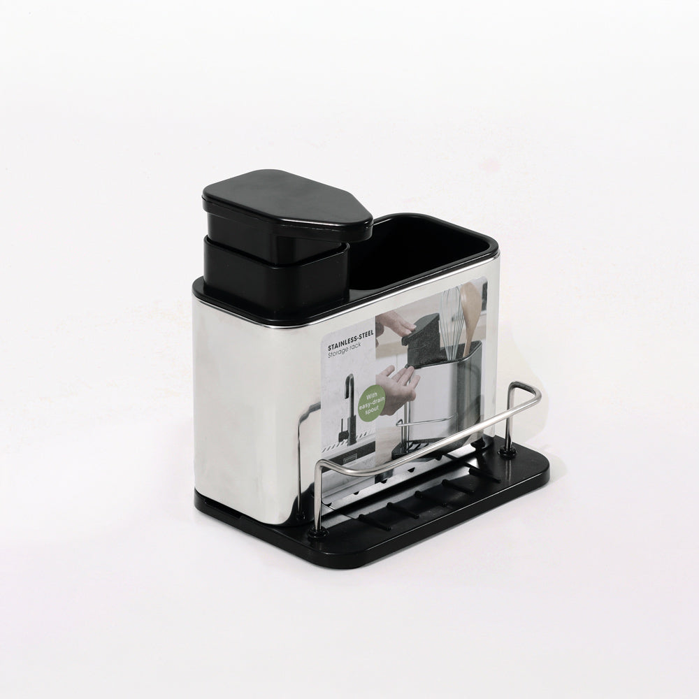Soap Dispenser with Brush Holder and Sponge Tray - Silver Black