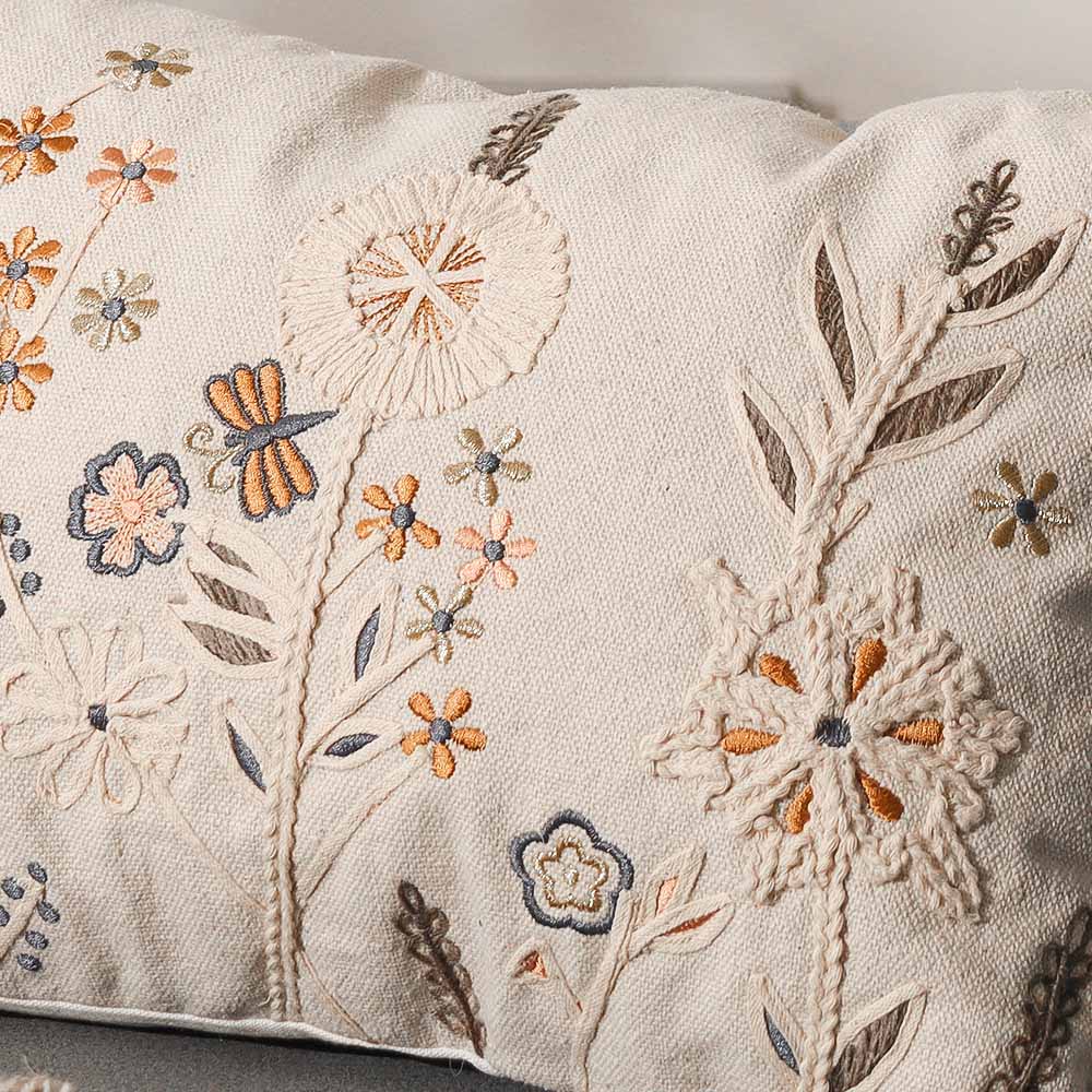 Spring Meadow Embroidered Cushion Cover 30x45cm - Gold Beige
