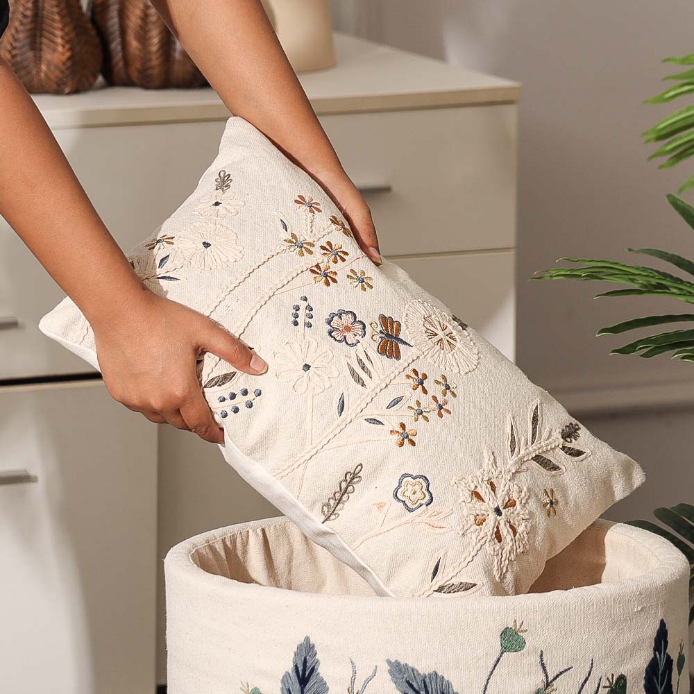 Spring Meadow Embroidered Cushion Cover 30x45cm - Gold Beige