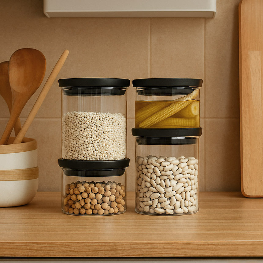 Stackable Glass Jars, Set of 4 - Dark Grey