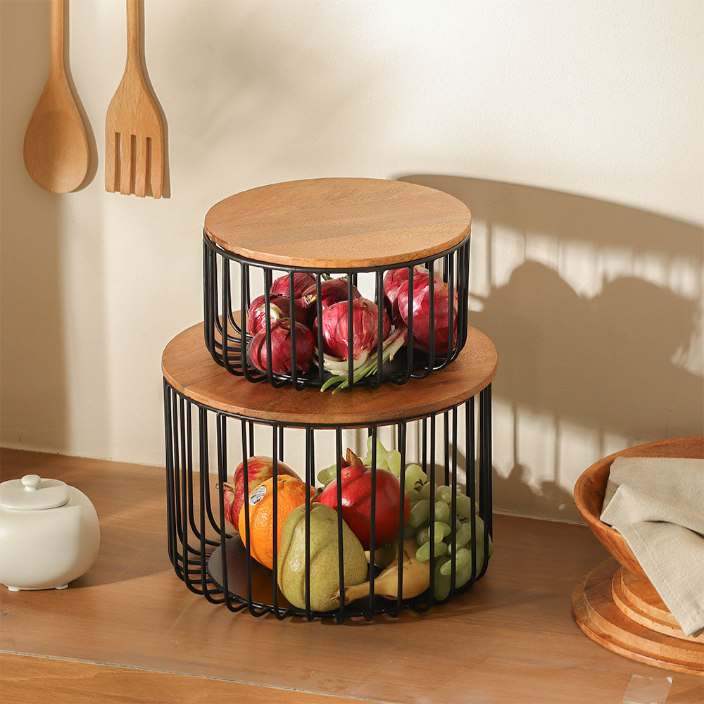 Stackable Wire Storage Baskets with Lids, Set of 2 - Black