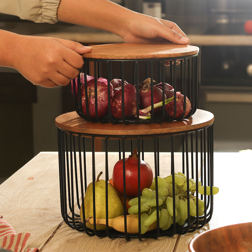 Stackable Wire Storage Baskets with Lids, Set of 2 - Black