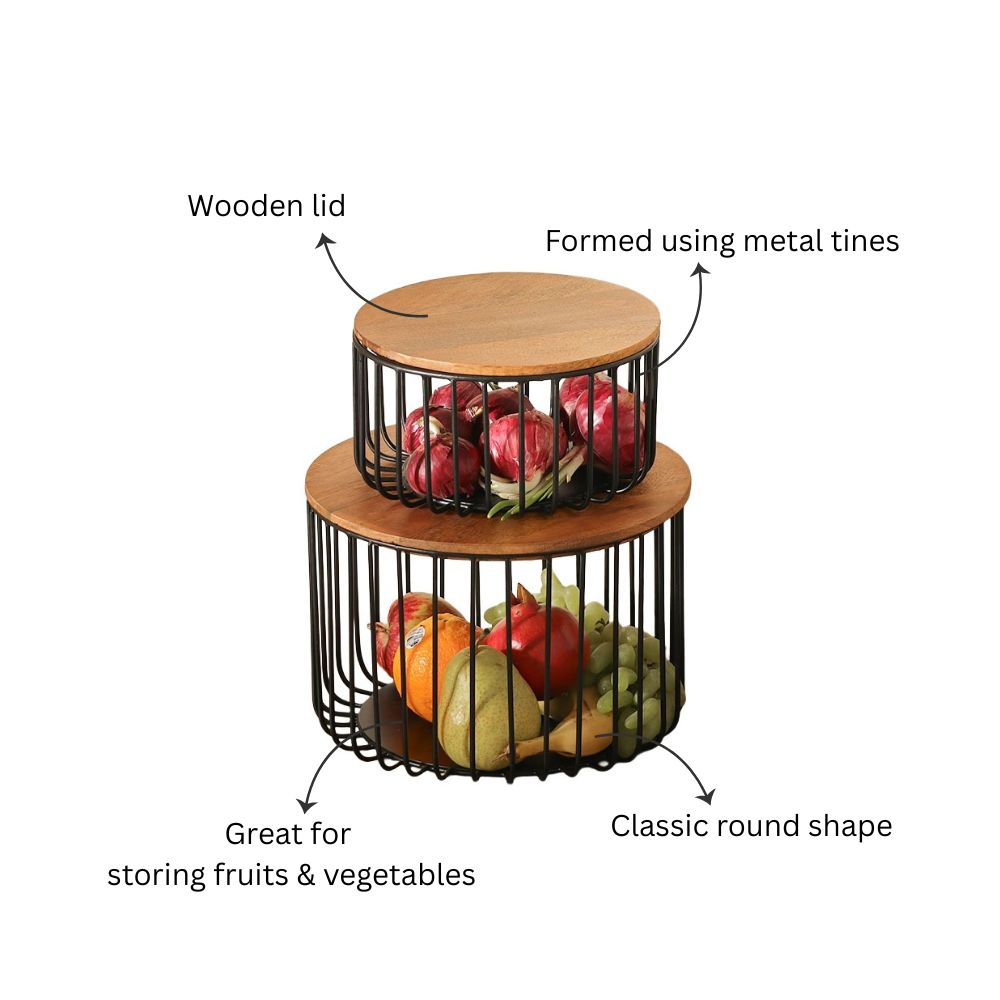 Stackable Wire Storage Baskets with Lids, Set of 2 - Black