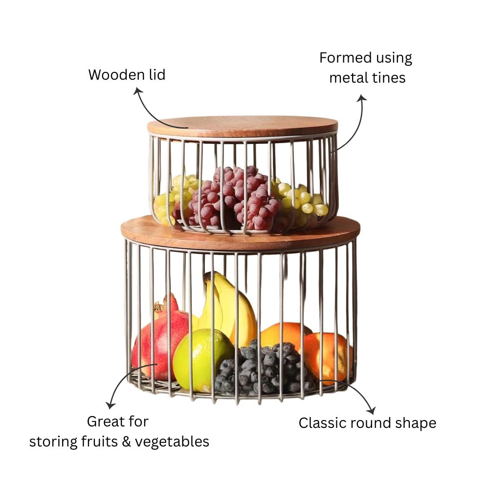 Stackable Wire Storage Baskets with Lids, Set of 2 - Grey