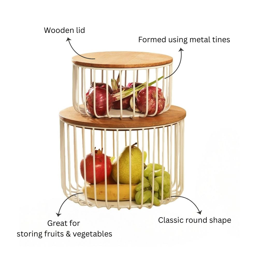 Stackable Wire Storage Baskets with Lids, Set of 2 - White