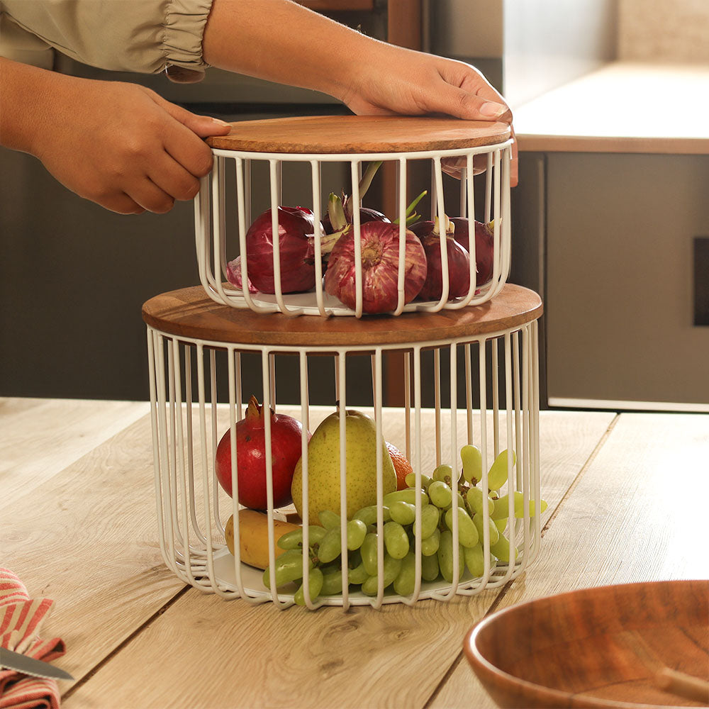 Stackable Wire Storage Baskets with Lids, Set of 2 - White