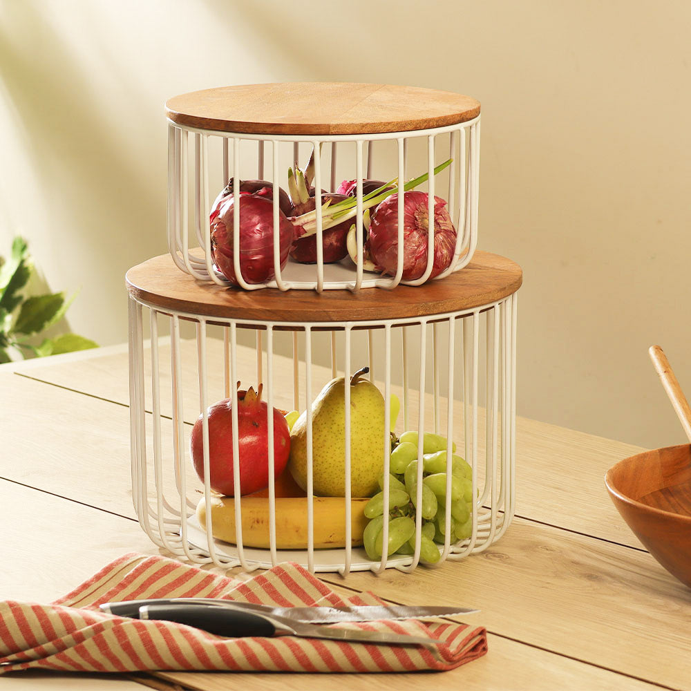 ESQ Living Stackable Wire Storage Baskets with Lids, Set of 2 - White