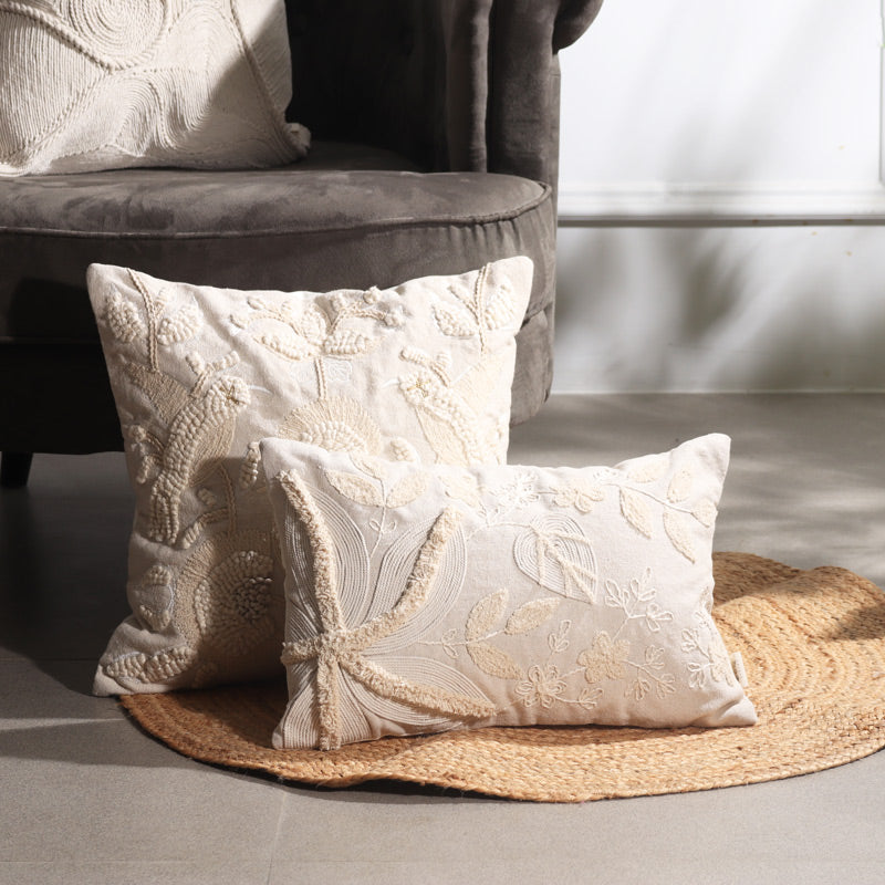 Starfish Tufted Embroidered Rectangular Cotton Cushion Cover 30x50cm - Beige
