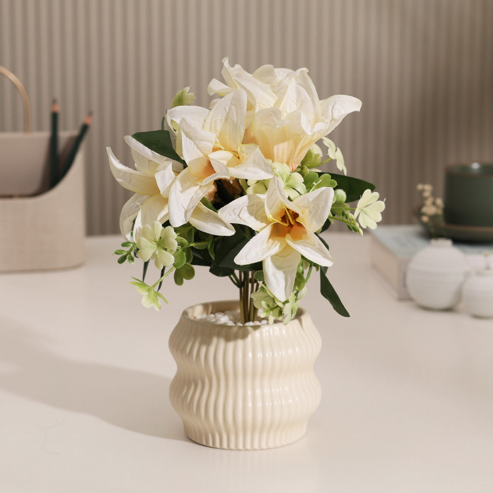 Stargazer Lilies Artificial Potted Plant - Ivory Cream