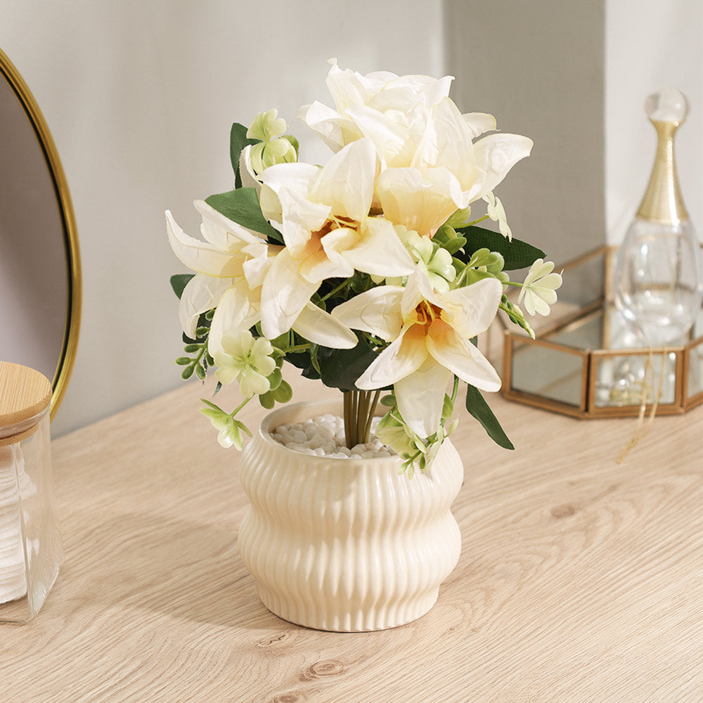 Stargazer Lilies Artificial Potted Plant - Ivory Cream