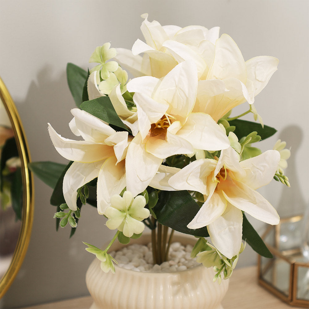 Stargazer Lilies Artificial Potted Plant - Ivory Cream