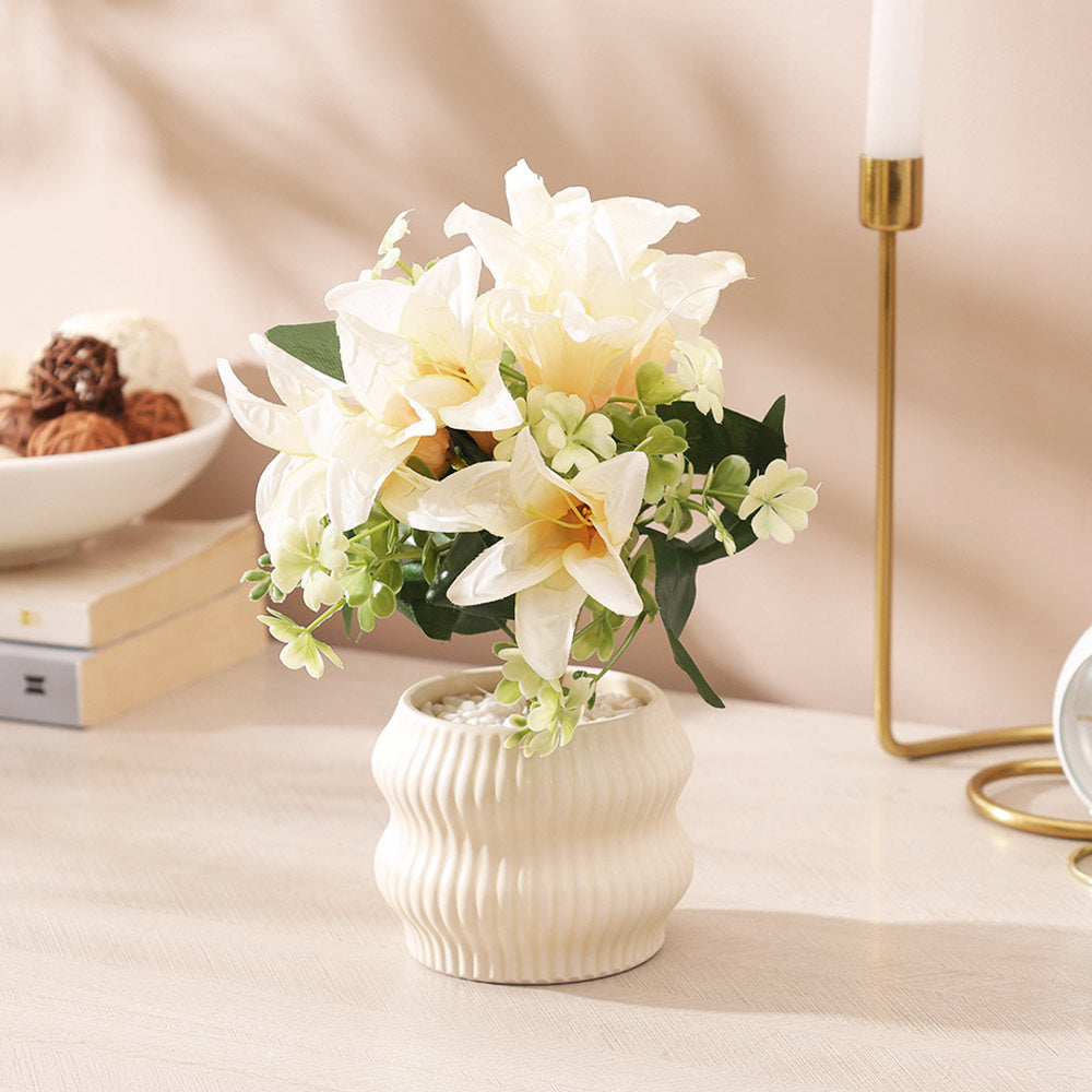 Stargazer Lilies Artificial Potted Plant - Ivory Cream