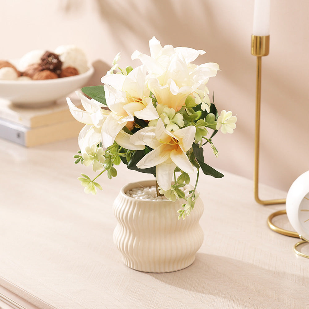 Stargazer Lilies Artificial Potted Plant - Ivory Cream