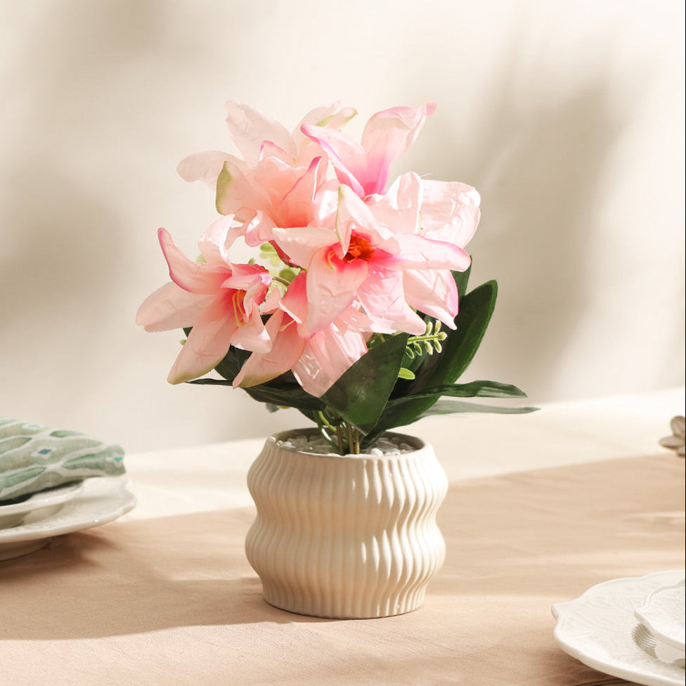 Stargazer Lilies Artificial Potted Plant - Pink Cream