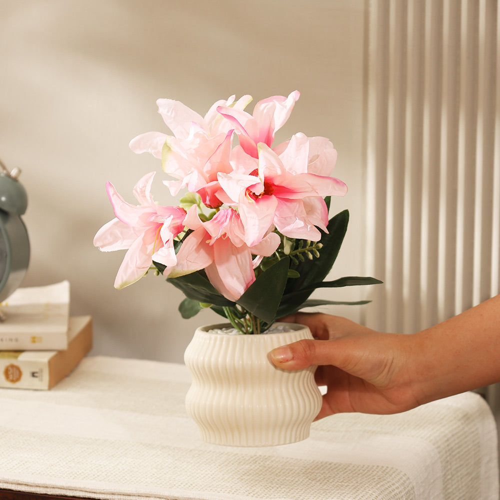 Stargazer Lilies Artificial Potted Plant - Pink Cream