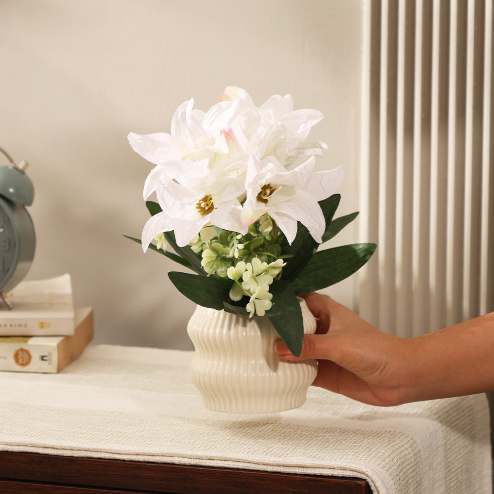 Stargazer Lilies Artificial Potted Plant - White Cream