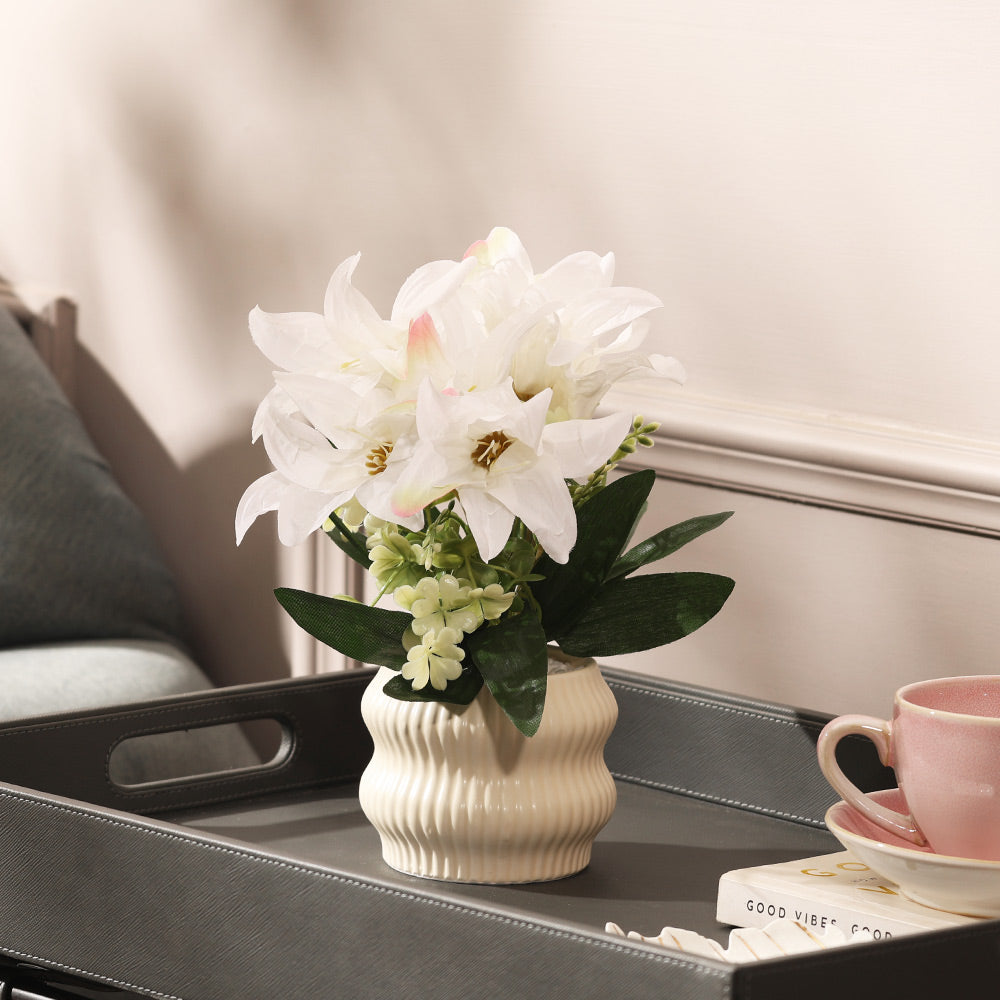 Stargazer Lilies Artificial Potted Plant - White Cream
