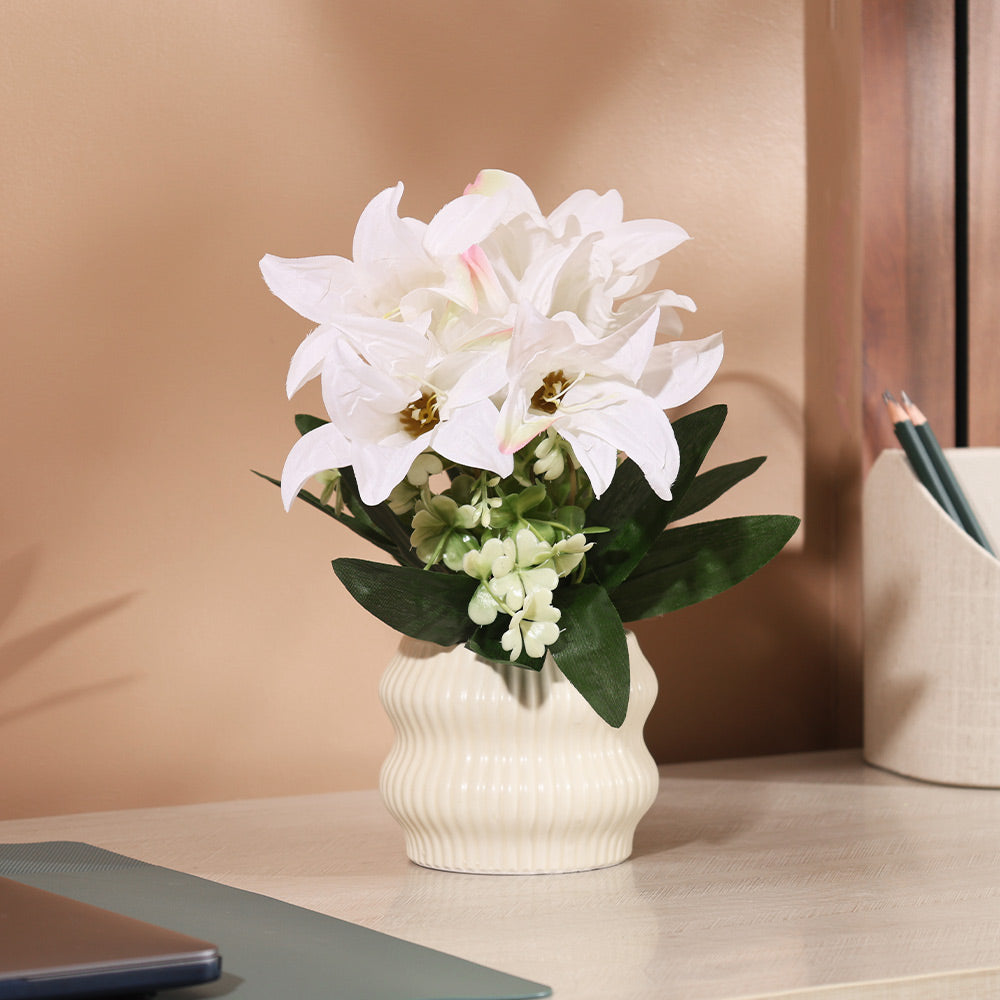 Stargazer Lilies Artificial Potted Plant - White Cream