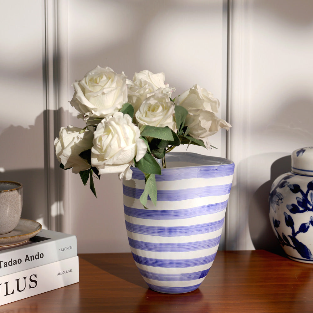 Striper Handpainted Glass Vase Medium - Azure White