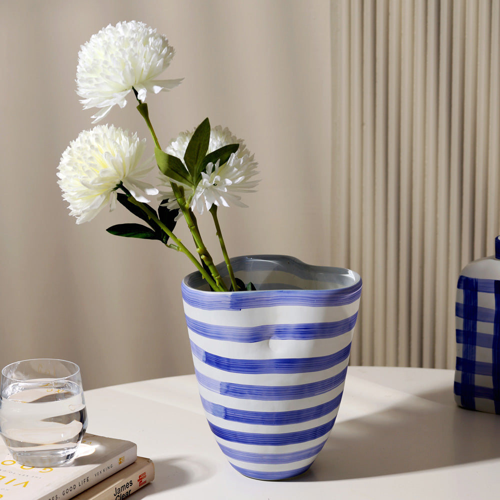 Striper Handpainted Glass Vase Medium - Azure White