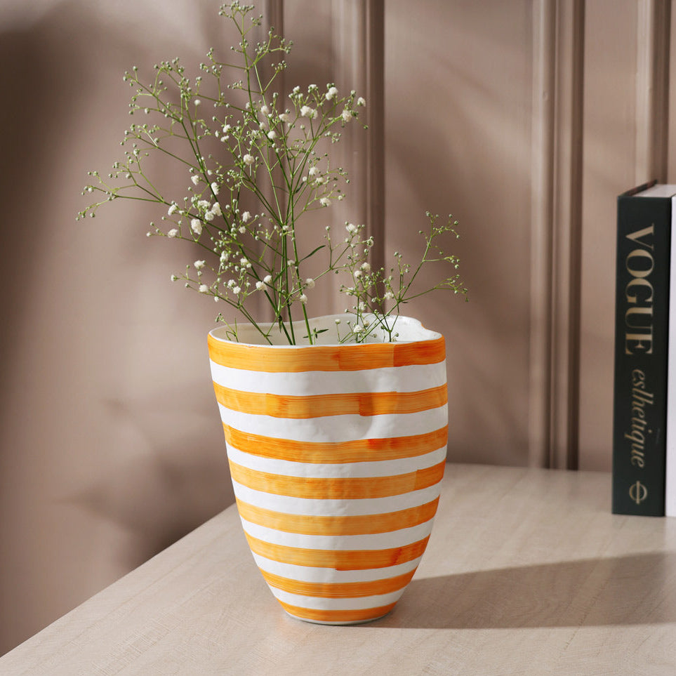 Striper Handpainted Glass Vase Medium - Saffron White