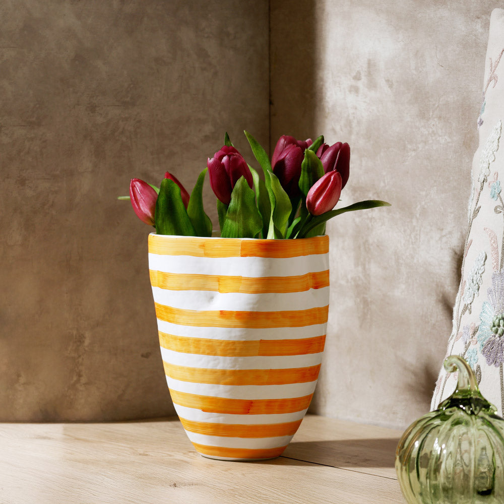 Striper Handpainted Glass Vase Medium - Saffron White