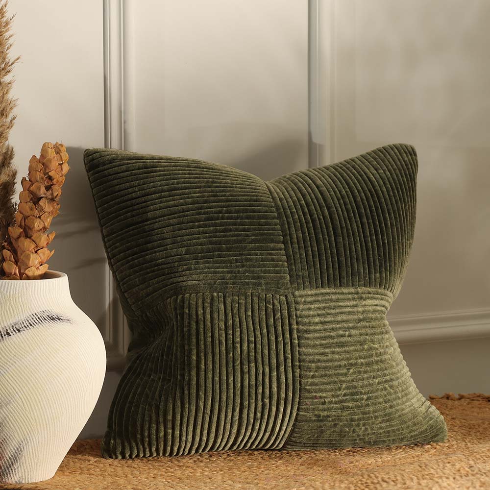 Stripes Textured Velvet Cushion Cover 45x45cm - Moss Green