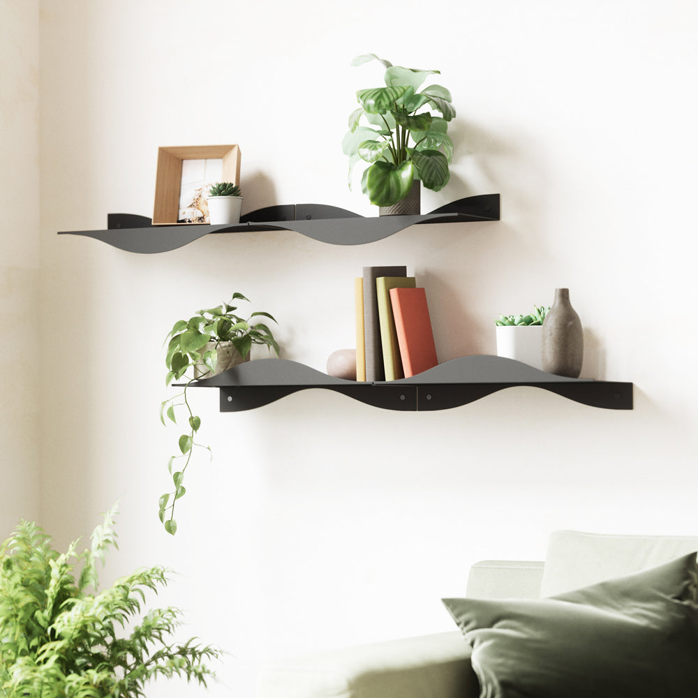 SURF Wandregal Set Schwarz – 2 Stück – Modernes Metallregal Für Wohnzimmer, Küche & Büro – Bis 6,8 Kg Belastbar