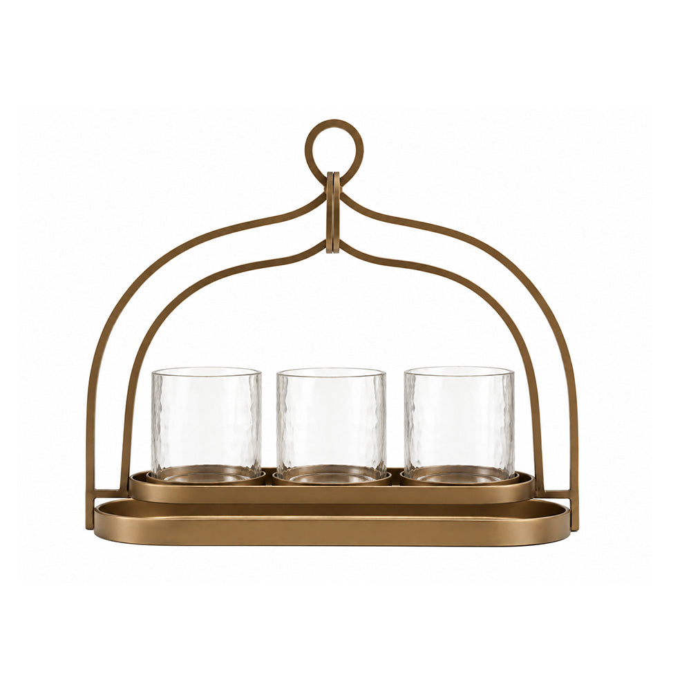 Sutton 3-piece Glass Hurricanes with Iron Stand - Clear Gold