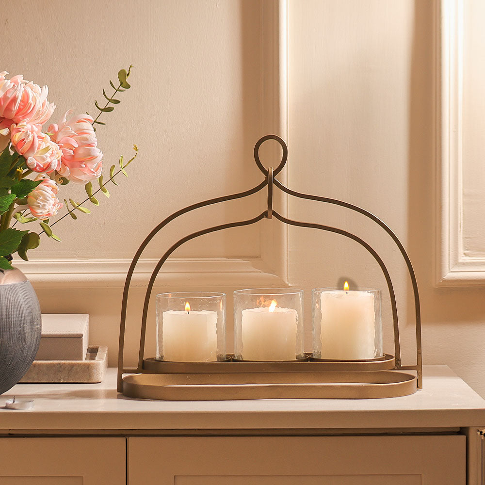 Sutton 3-piece Glass Hurricanes with Iron Stand - Clear Gold