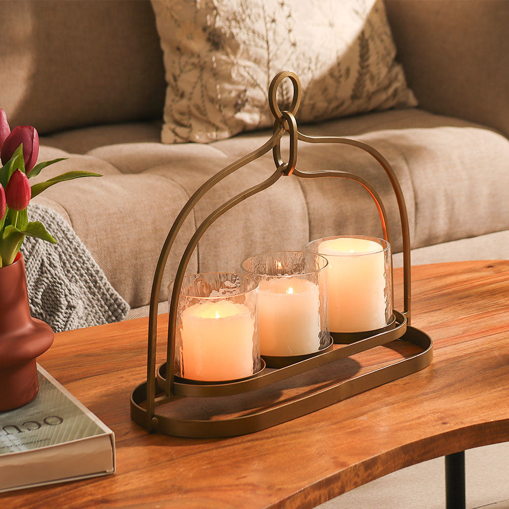 Sutton 3-piece Glass Hurricanes with Iron Stand - Clear Gold