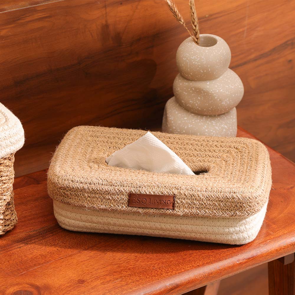 Tahar Cotton & Jute Tissue Box Holder - Natural Cream