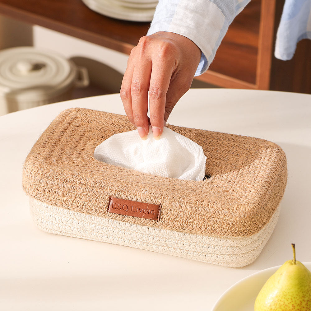 Tahar Cotton & Jute Tissue Box Holder - Natural Cream