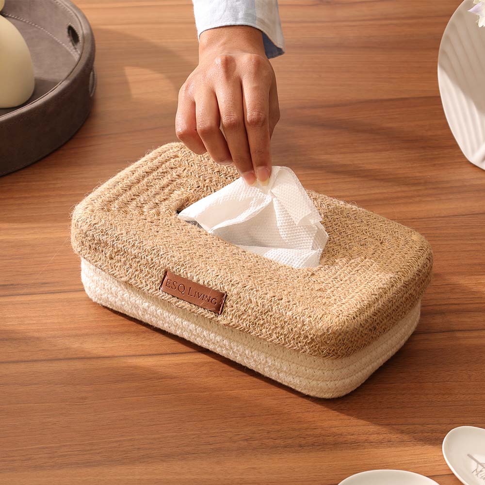 Tahar Cotton & Jute Tissue Box Holder - Natural Cream